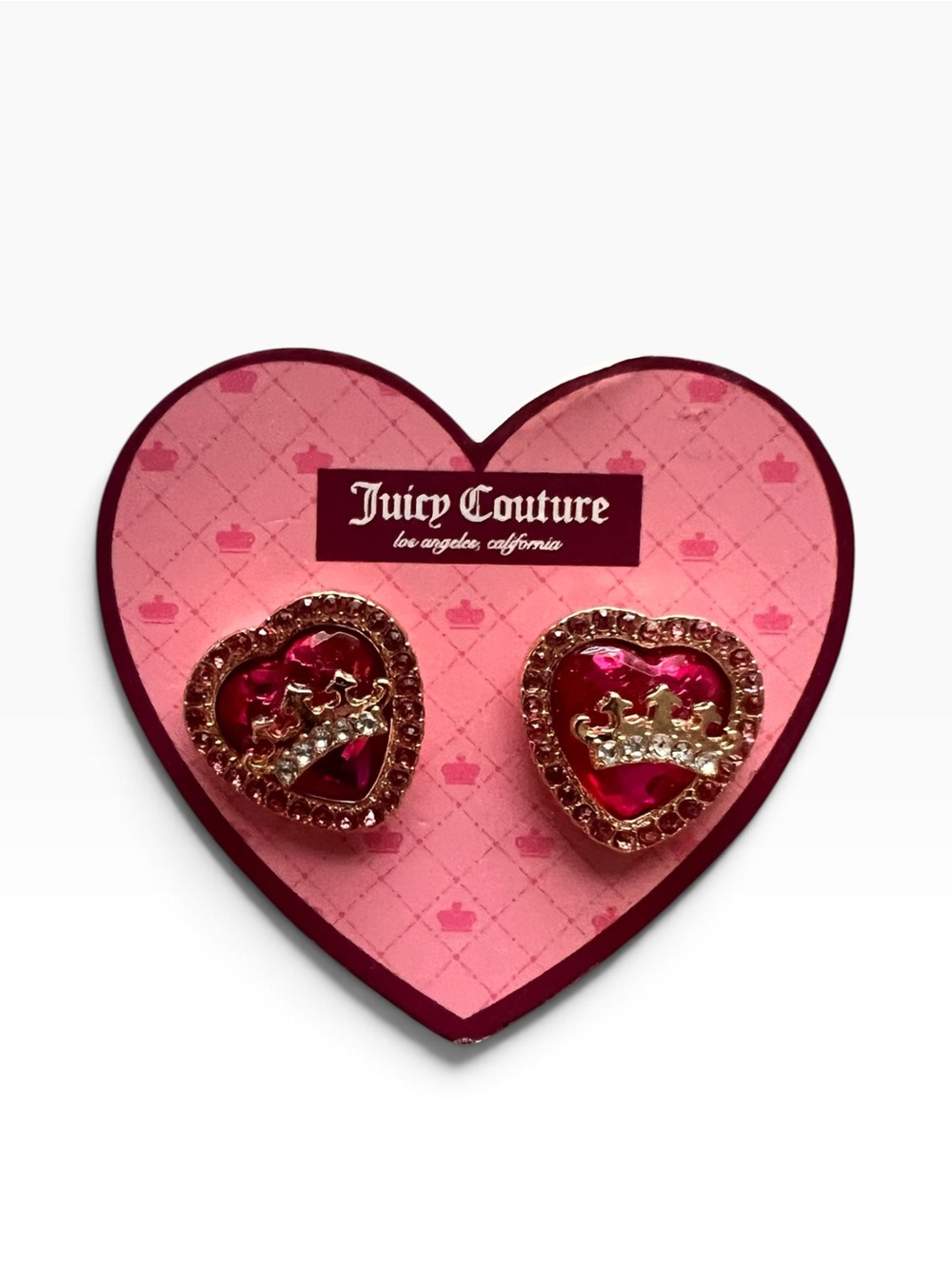 NWT Juicy Couture Hot Pink Heart Crown Stud Earrings with Gold-Tone Accents Y2K